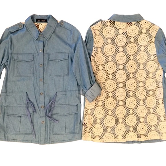 Jealous Tomato Utility Jacket/Top Ivory Lace Back Snap Front Blue Small - Picture 1 of 9